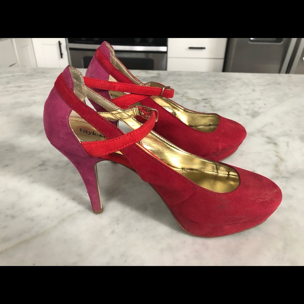 Style & co suede pumps, red and hot pink